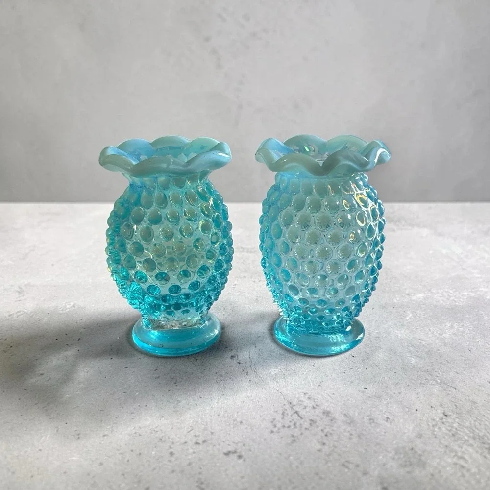 Vintage Pair-Fenton Blue Hobnail Ruffled Opalescent Glass Miniature Vases #13